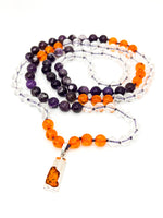 Load image into Gallery viewer, 108 Chevron Amethyst, clear Quartz and Baltic Amber mala in sterling silver
