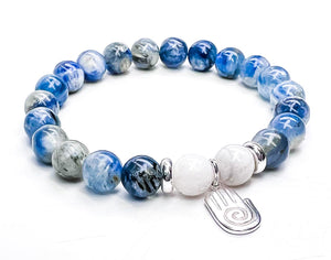 Blue Kyanite and Moonstone healing hand mala in sterling silver