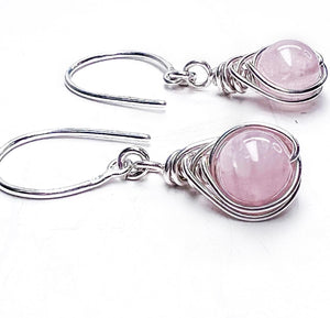 Hand wrapped Madagascar Rose Quartz earrings in sterling silver