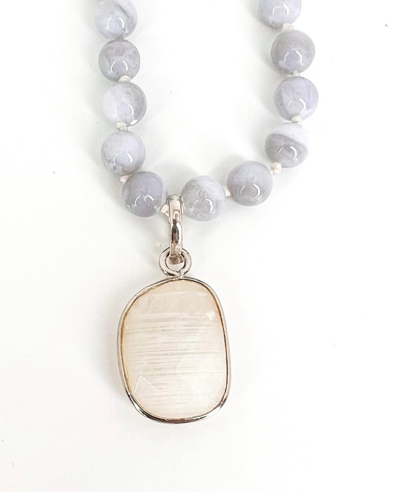 108 Blue Lace Agate and Moonstone mala in sterling silver