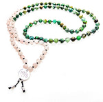 Load image into Gallery viewer, African Turquoise and Rose Quartz lotus mala in sterling silver
