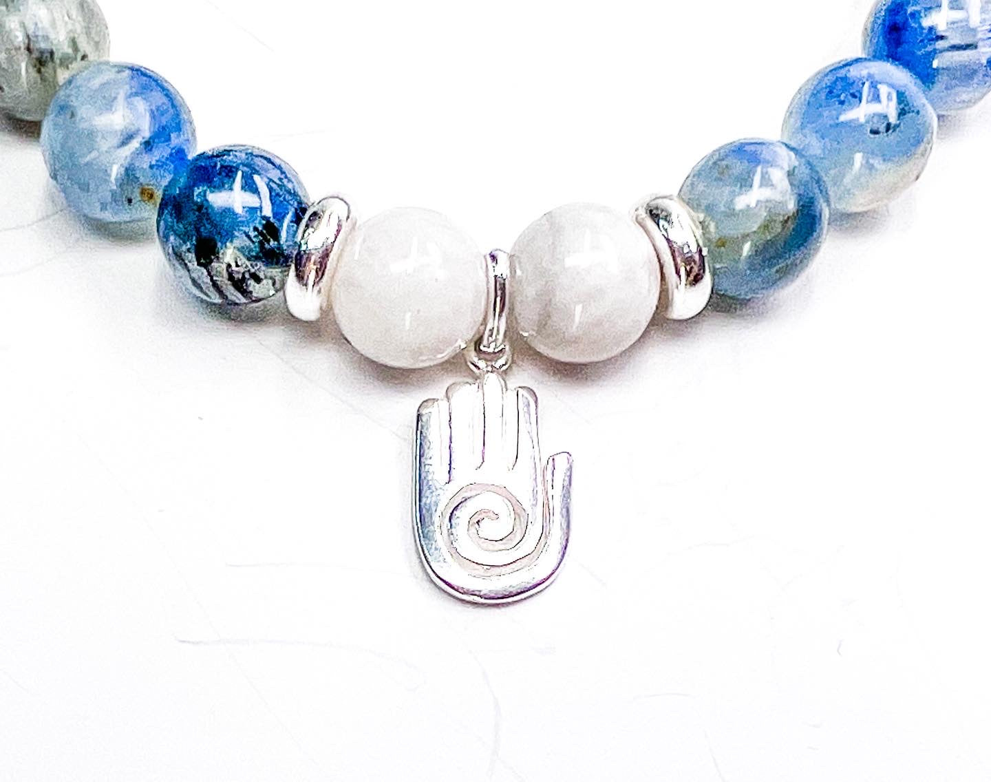 Blue Kyanite and Moonstone healing hand mala in sterling silver