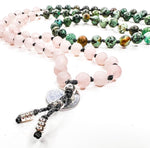 Load image into Gallery viewer, African Turquoise and Rose Quartz lotus mala in sterling silver
