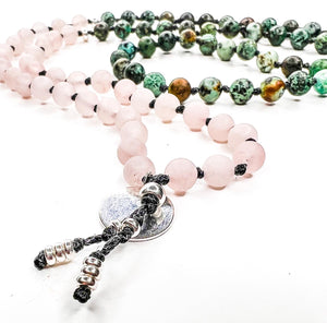 African Turquoise and Rose Quartz lotus mala in sterling silver