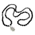 Load image into Gallery viewer, 108 Onyx and Hematite Hamsa mala in sterling silver
