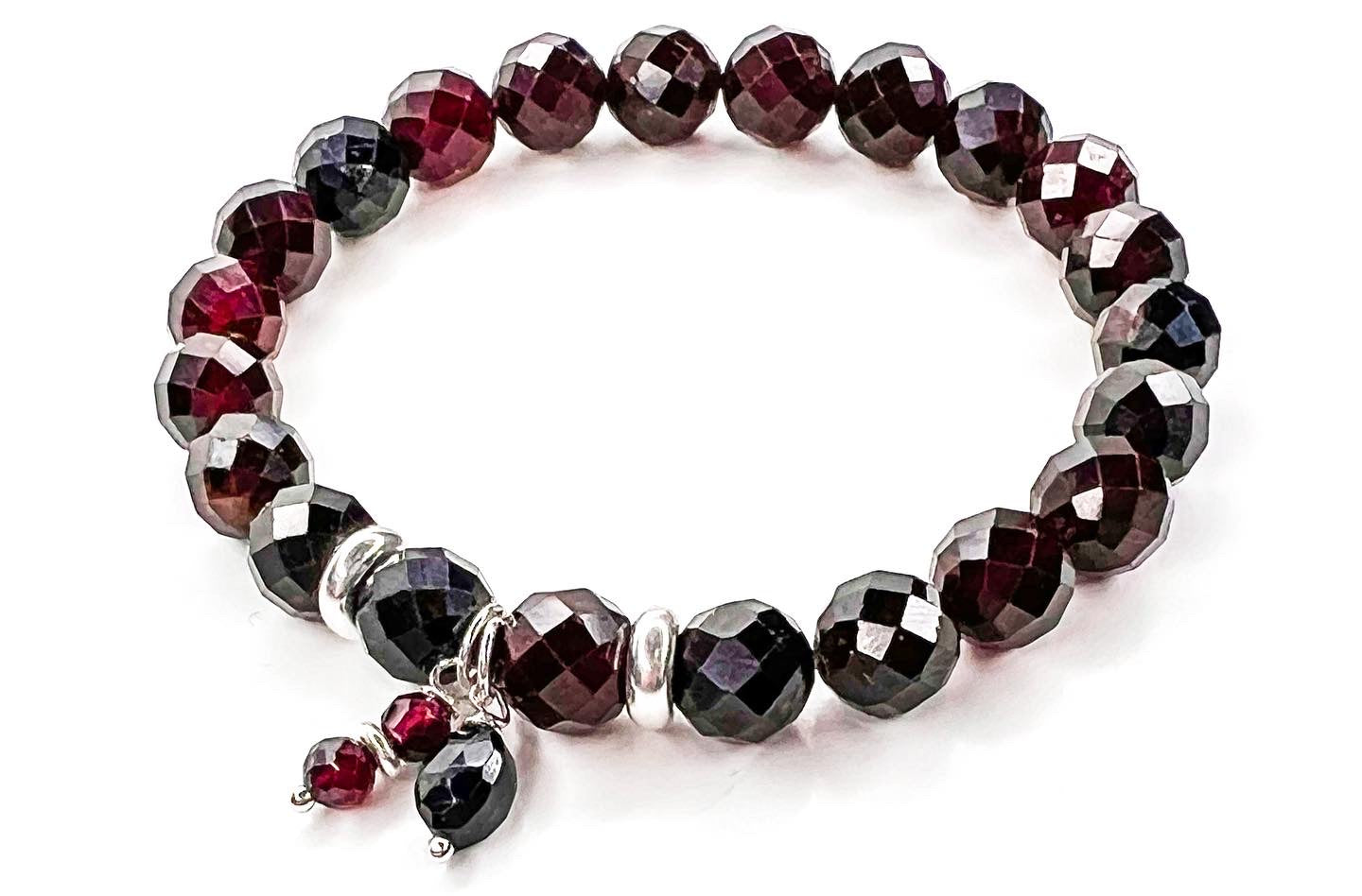 Faceted Garnet and Black Spinel mala in sterling silver