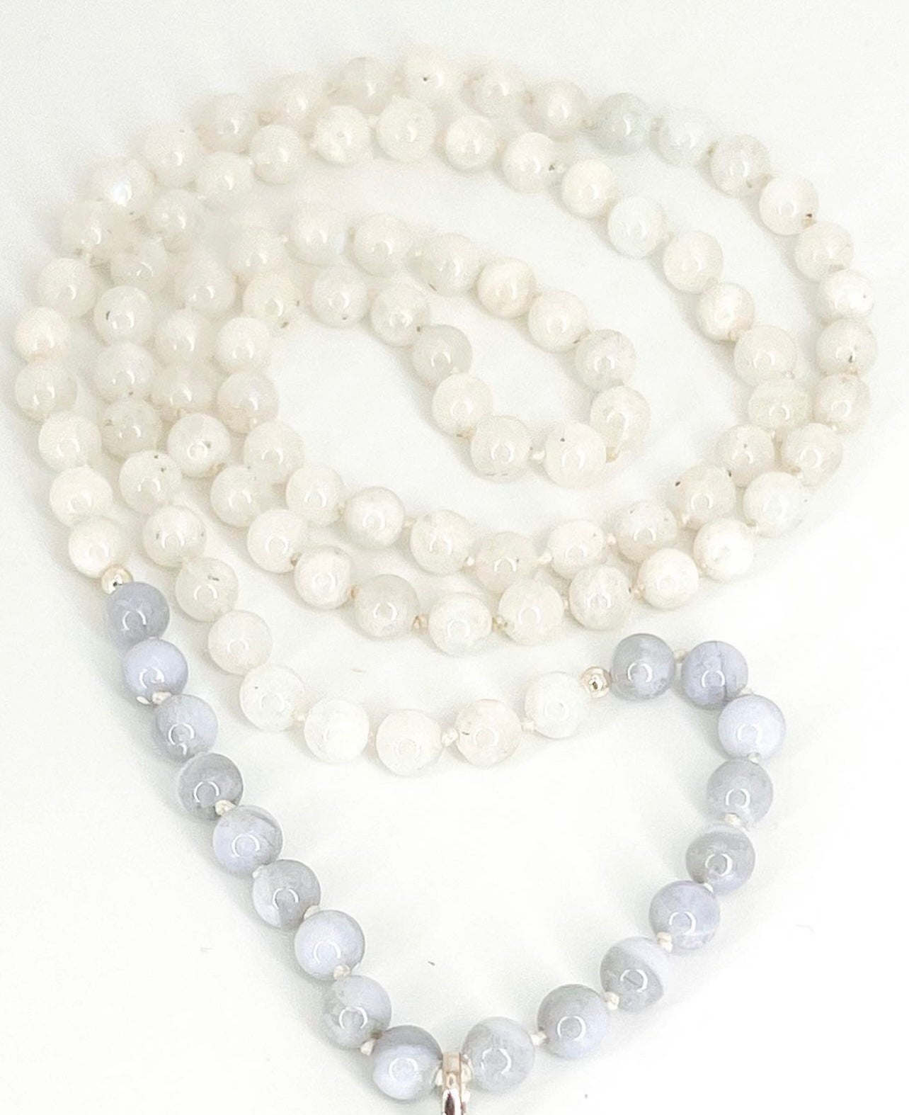 108 Blue Lace Agate and Moonstone mala in sterling silver